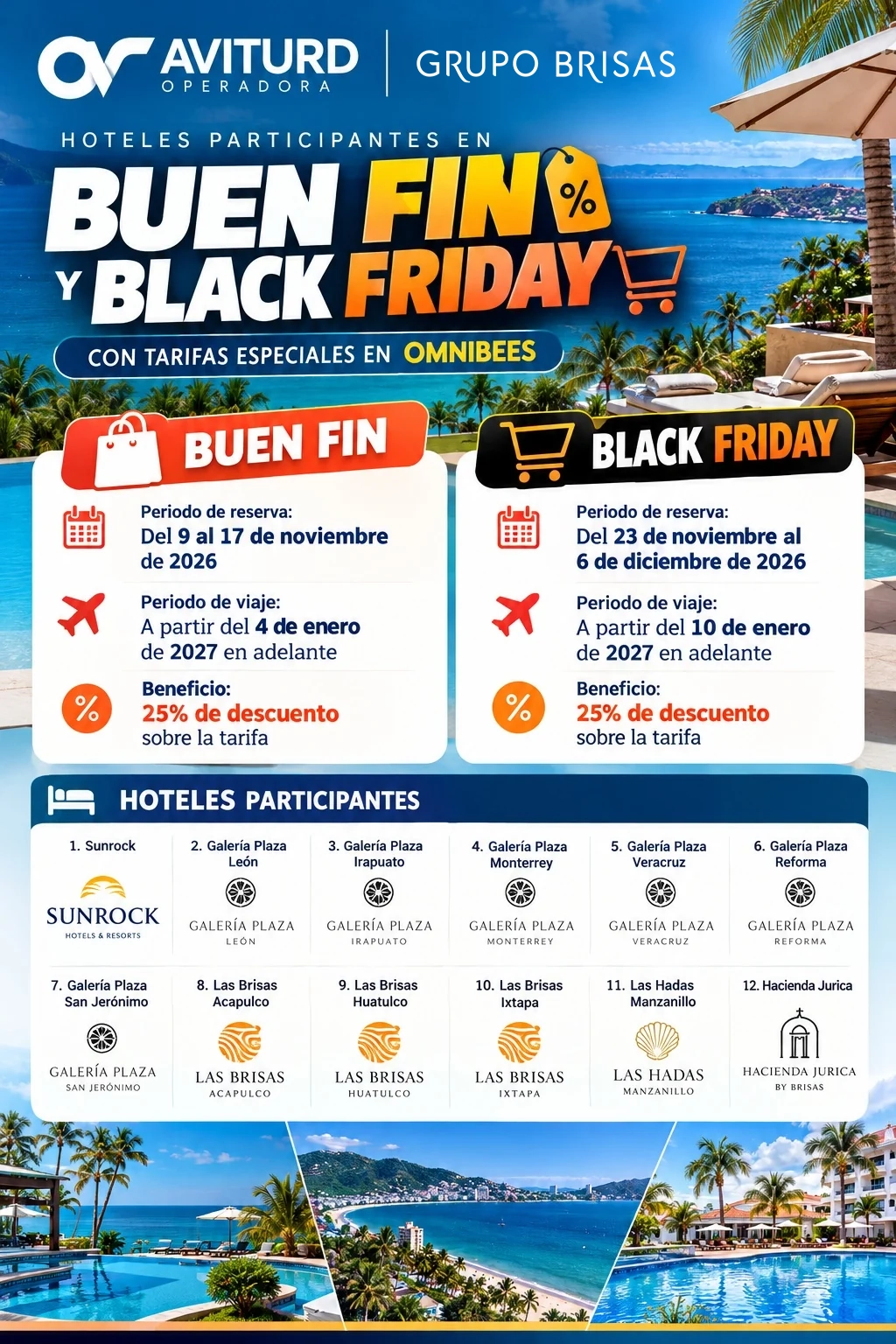 Buen Fin y Black Friday: hoteles participantes con tarifas especiales en Omnibees · arte promocional completo de AVITURD
